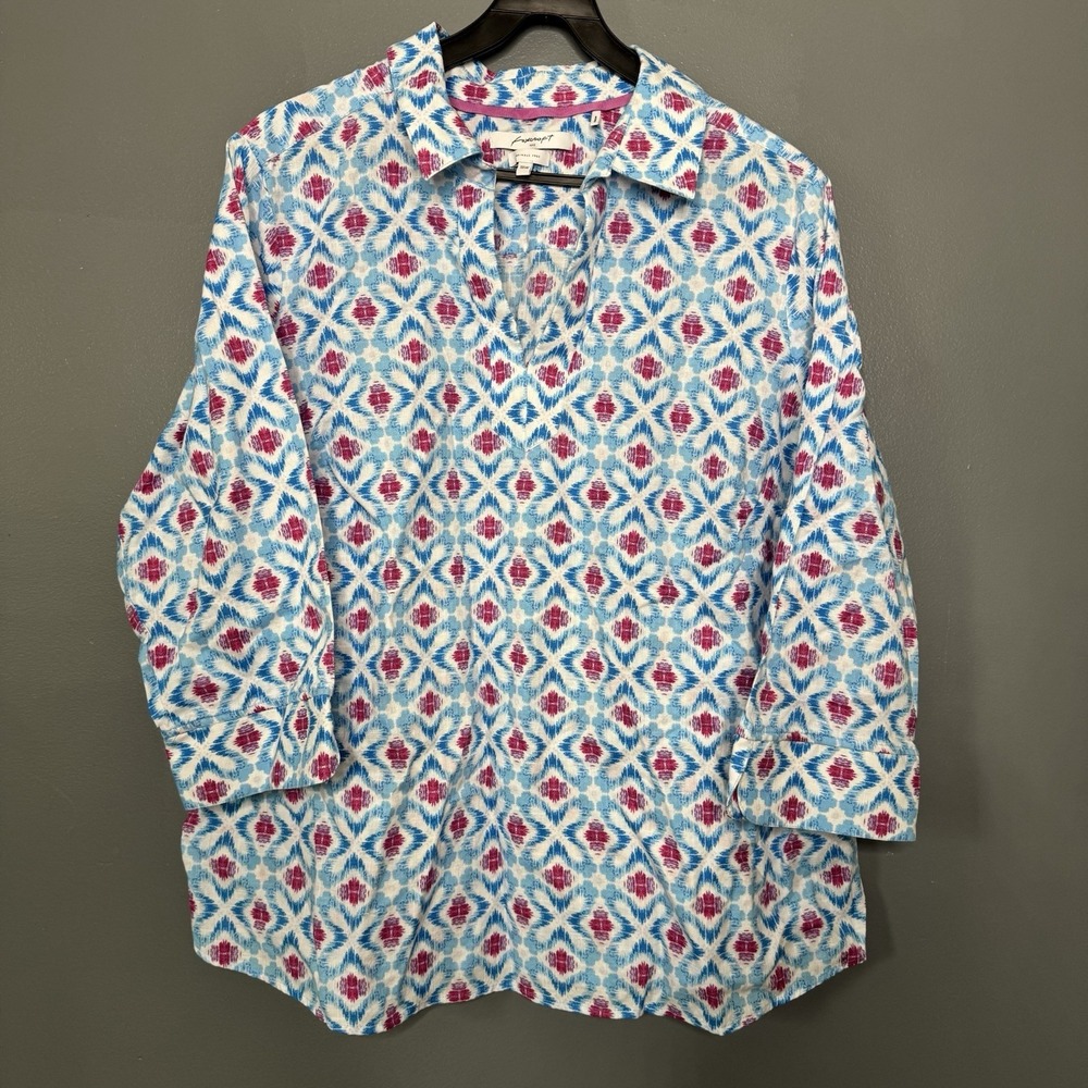 Foxcroft NYC Wrinkle Free Ikat Print Popover Tunic Top Blue Pinkโ Sz 18W